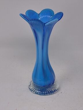 Hand Blown Blue Art Glass Vase With Clear Glass Base